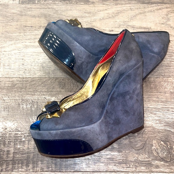 Guillaume Hinfray Blue Gold Suede Platform Shoes - Picture 2 of 11